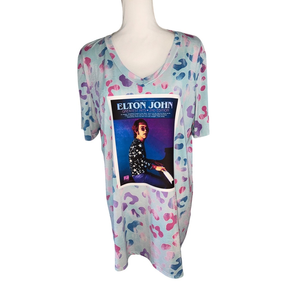 Elton John Upcycled Graphic Shirt Pastel Leopard Print V-Neck Ladies 1-2X